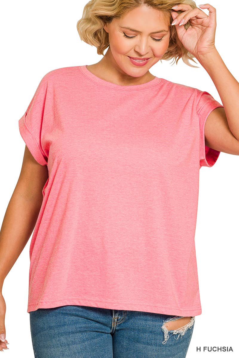 Plus Round Neck Folded Short Sleeve T-shirt