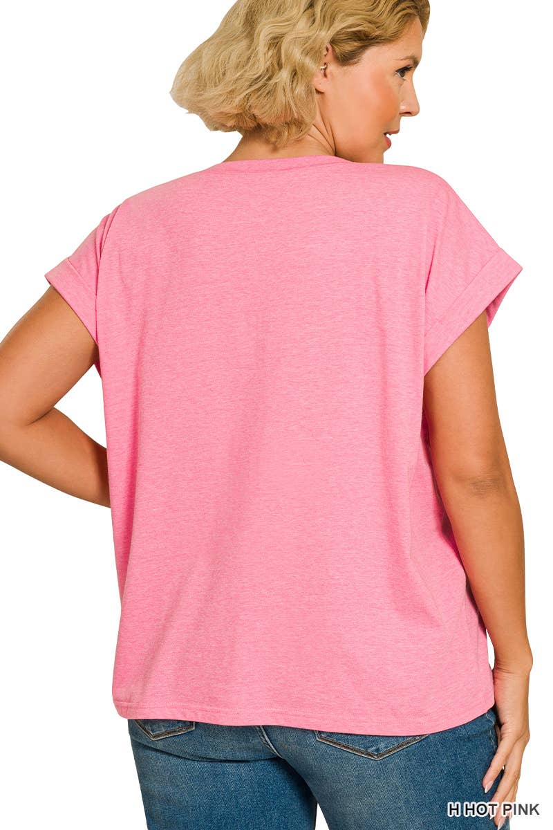 Plus Round Neck Folded Short Sleeve T-shirt
