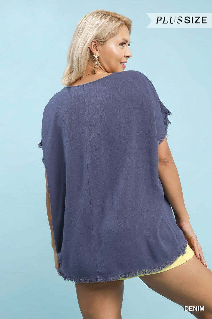 Plus Linen Blend Embroidered Frayed Hem Top