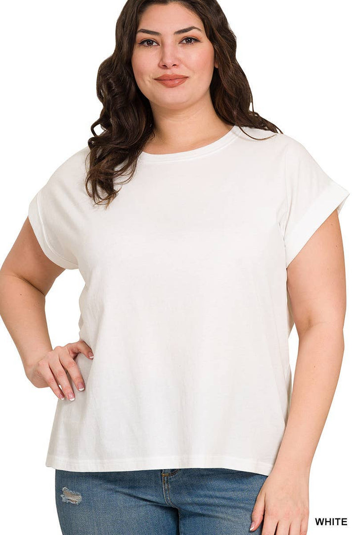 Plus Round Neck Folded Short Sleeve T-shirt