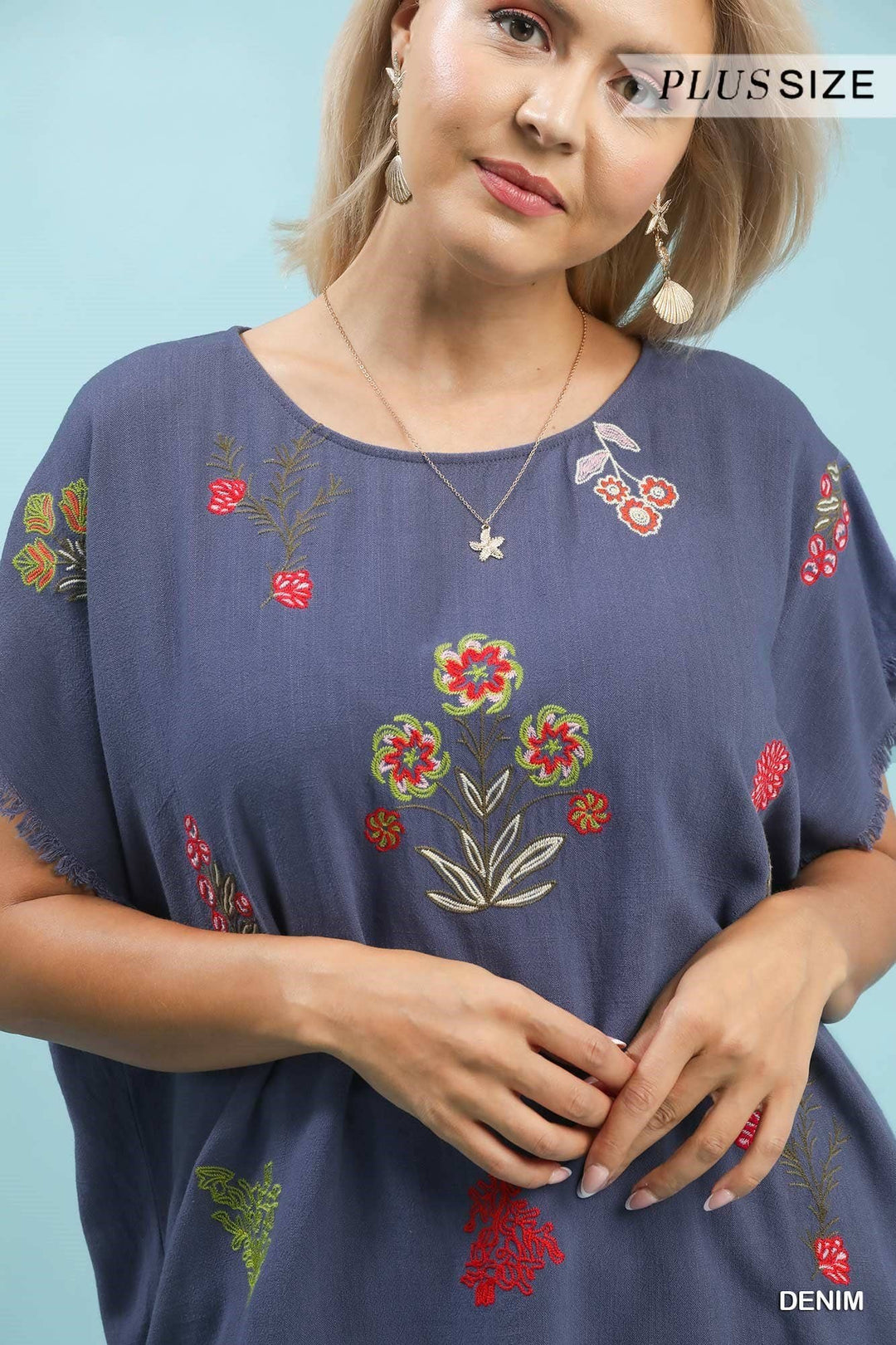 Plus Linen Blend Embroidered Frayed Hem Top