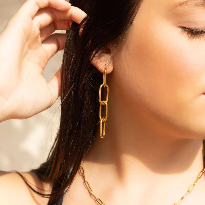 18K Gold PVD Stainless Steel Dangle Paperclip Stud Earrings