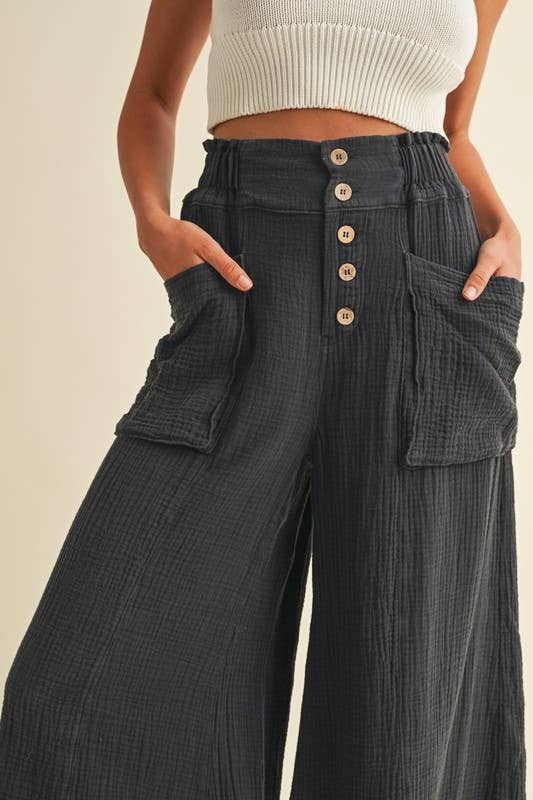 Mineral Washed Fray Hem Linen Cotton Wide Pants
