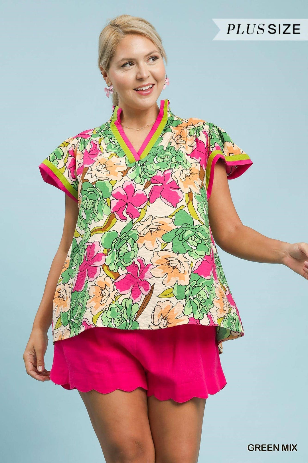Plus Floral Print Blouse With Contrast Trim