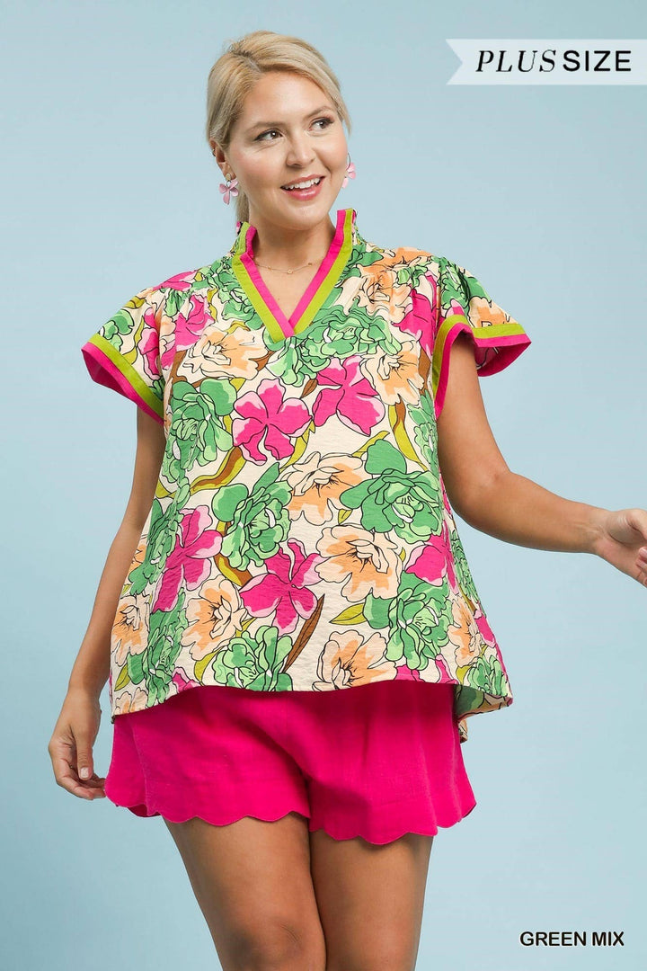 Plus Floral Print Blouse With Contrast Trim