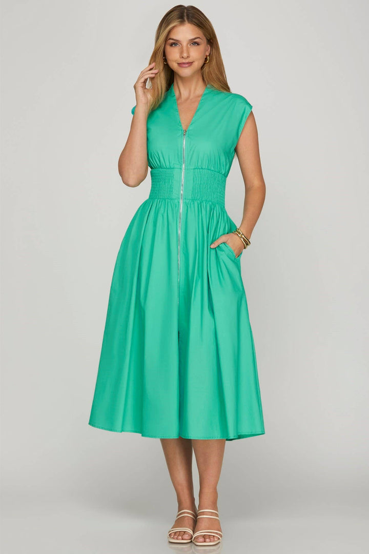 Drop Shoulder Smocked Waist Midi Dress