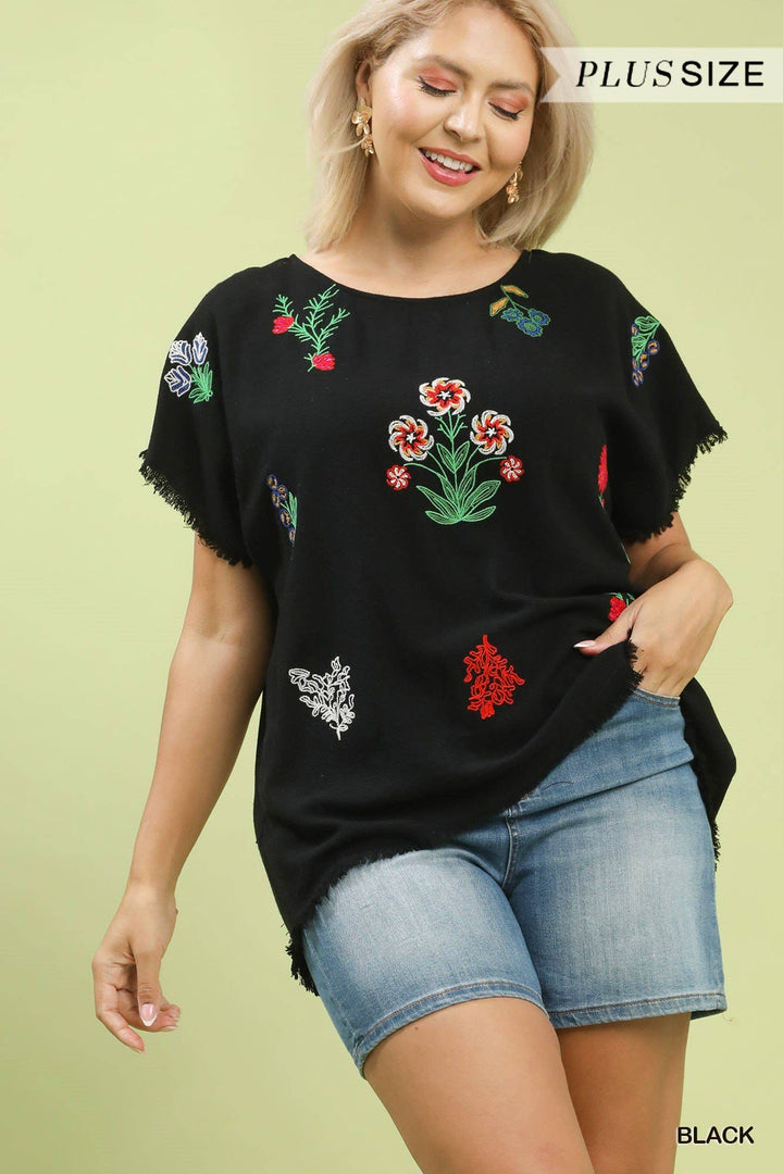 Plus Linen Blend Embroidered Frayed Hem Top