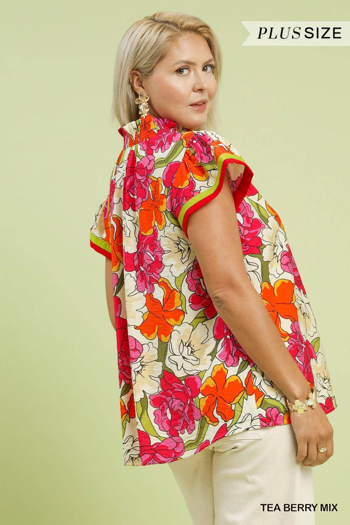 Plus Floral Print Blouse With Contrast Trim