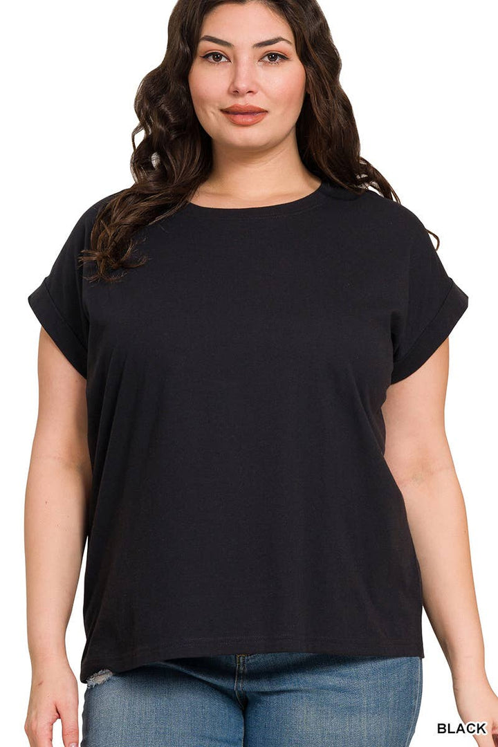 Plus Round Neck Folded Short Sleeve T-shirt