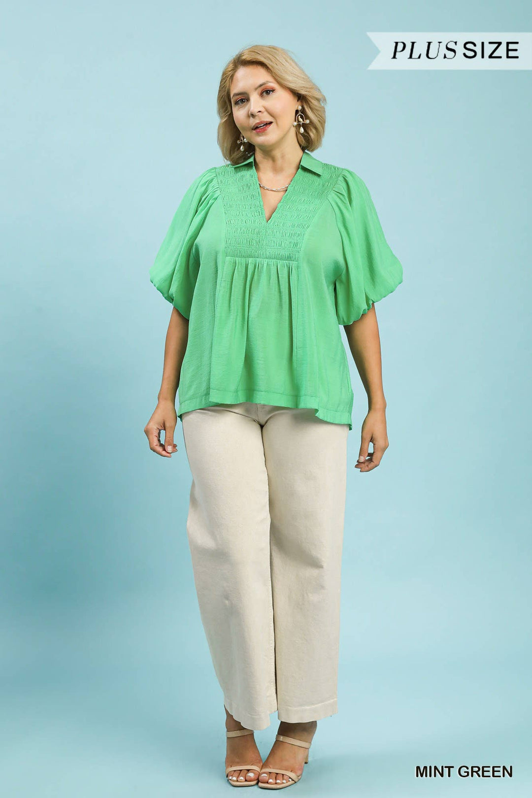 Plus Exaggerated Bubble Sleeve Top With Front Yoke