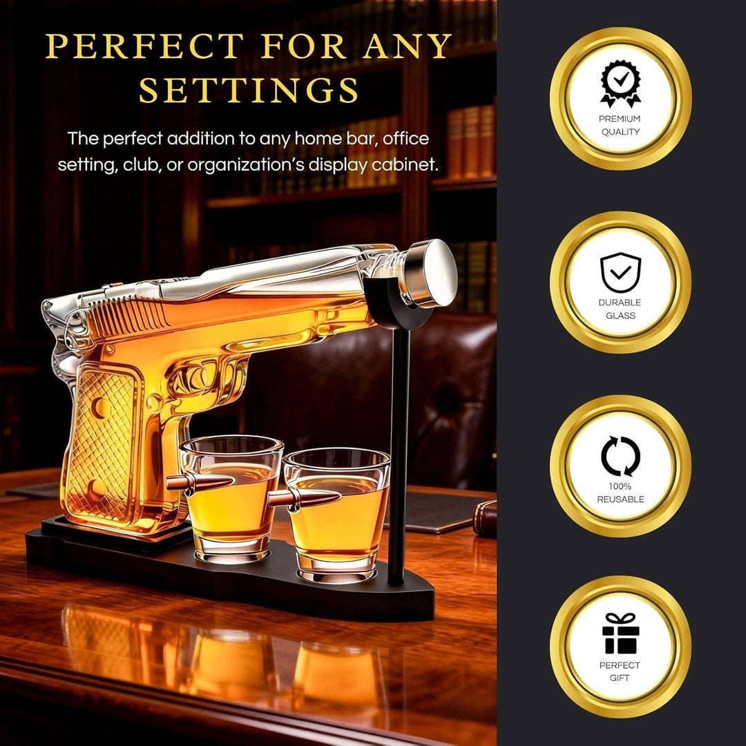 Pistol Gun Decanter Set + 2 Bullet shot Glasses &amp; Wood Stand