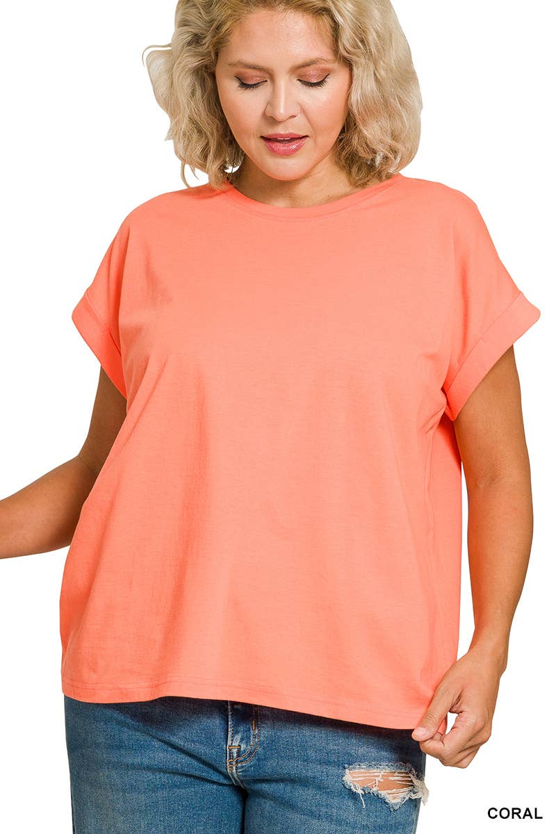 Plus Round Neck Folded Short Sleeve T-shirt