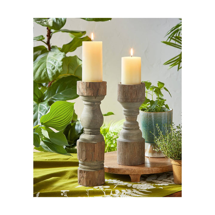 Rustic Turned Pillar Holder Tall Antique Brown Mango Wood