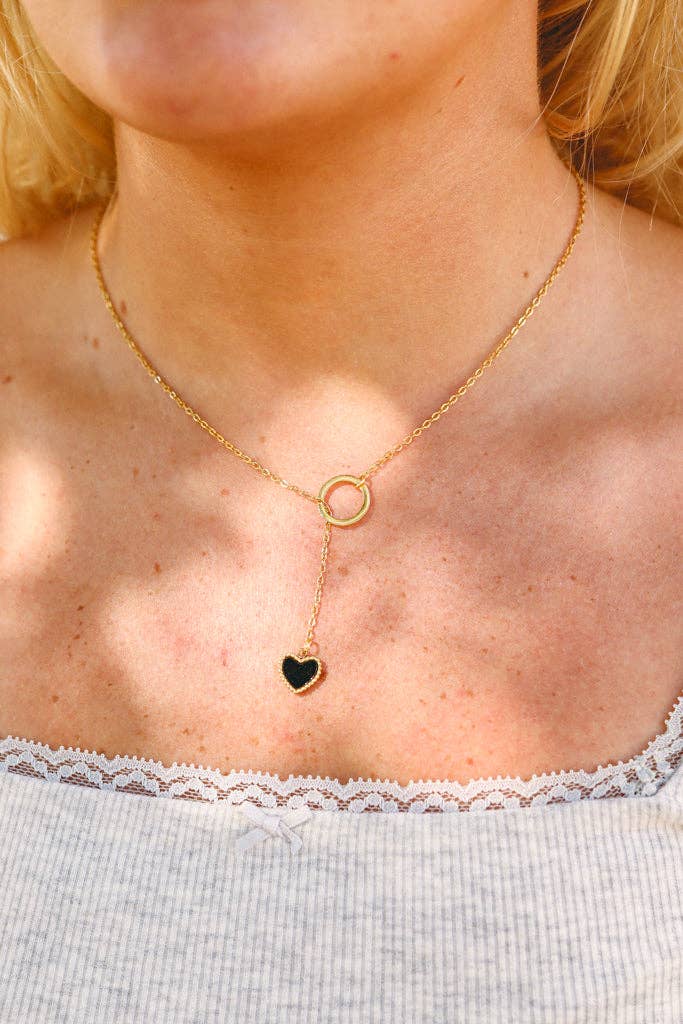 18K Gold PVD Stainless Steel Black Heart Lariat Necklace