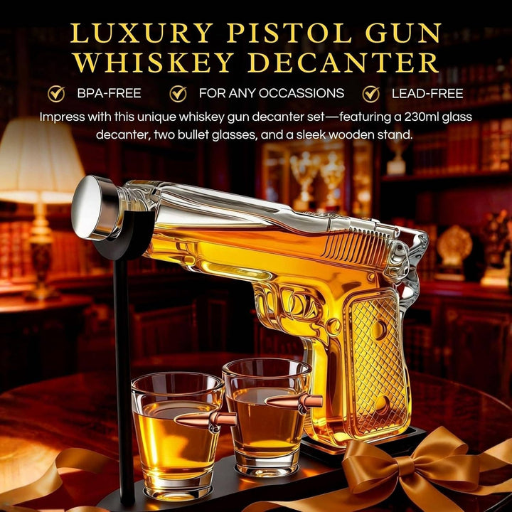 Pistol Gun Decanter Set + 2 Bullet shot Glasses &amp; Wood Stand