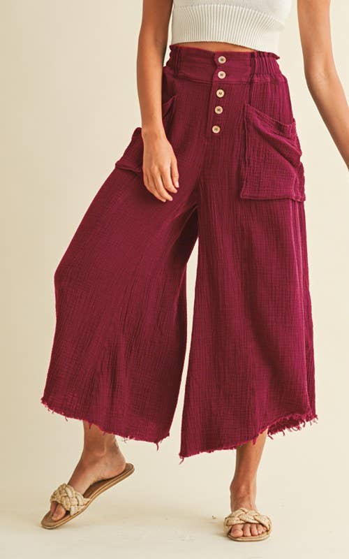 Mineral Washed Fray Hem Linen Cotton Wide Pants
