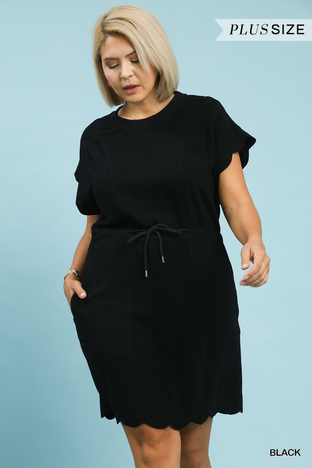 Plus Linen Blend Scallop Hem Mini Dress
