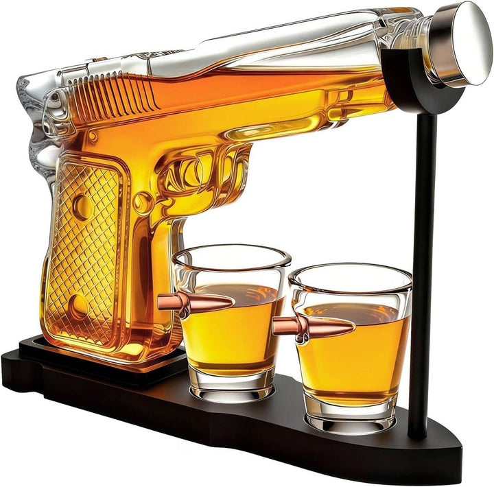 Pistol Gun Decanter Set + 2 Bullet shot Glasses &amp; Wood Stand