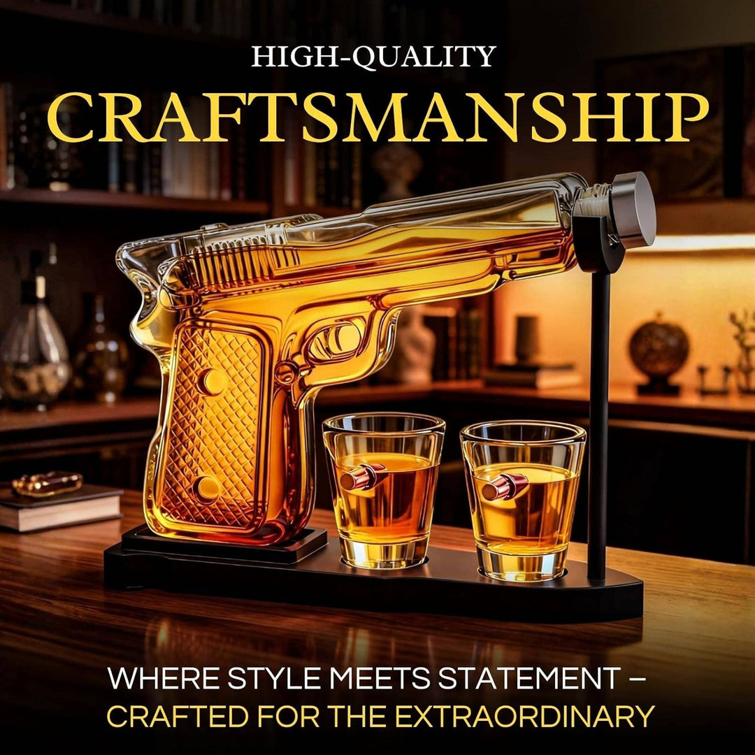 Pistol Gun Decanter Set + 2 Bullet shot Glasses &amp; Wood Stand