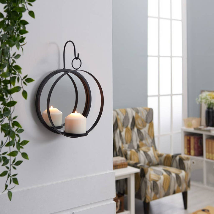 Round Wrought Iron Pillar Candle Sconce with Mirror