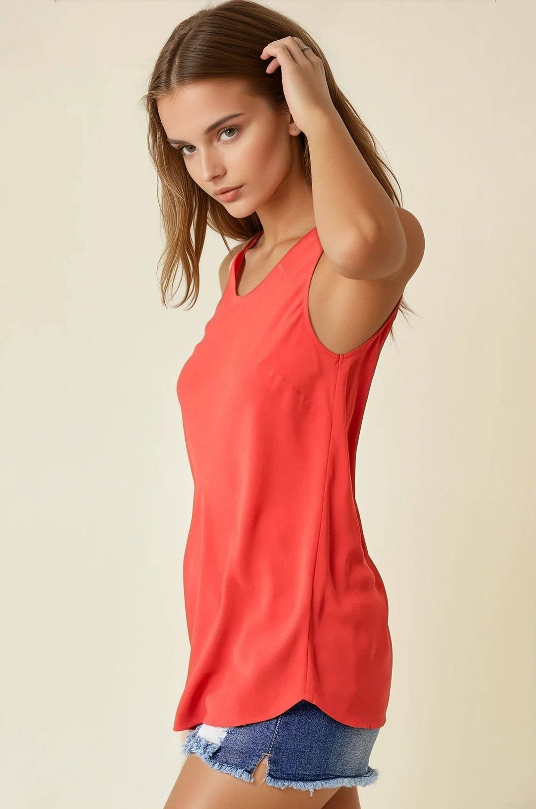 SLVLESS SCOOP NECK BIAS WOVEN TOP - 43024T