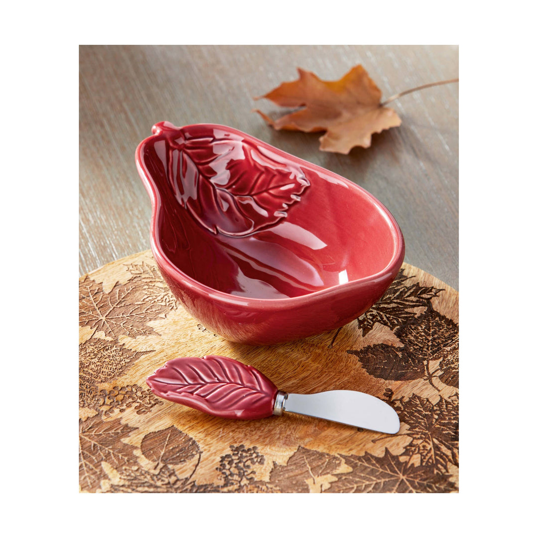Pear Bowl &amp; Leaf Spreader Set of 2 Plum Earthenware Fall