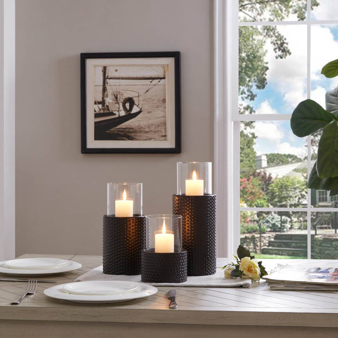 Contemporary Candle Holder Set With Clear Glass Hurricanes