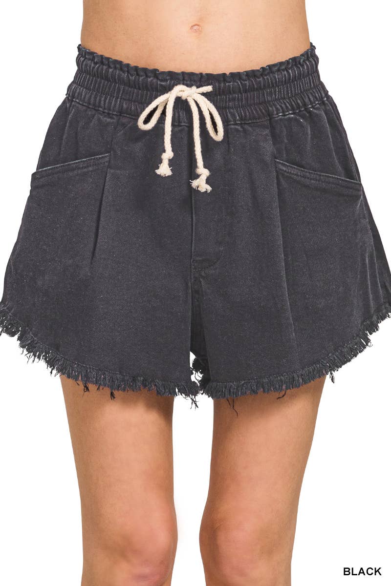 Washed Fray Hem Denim Short Pants