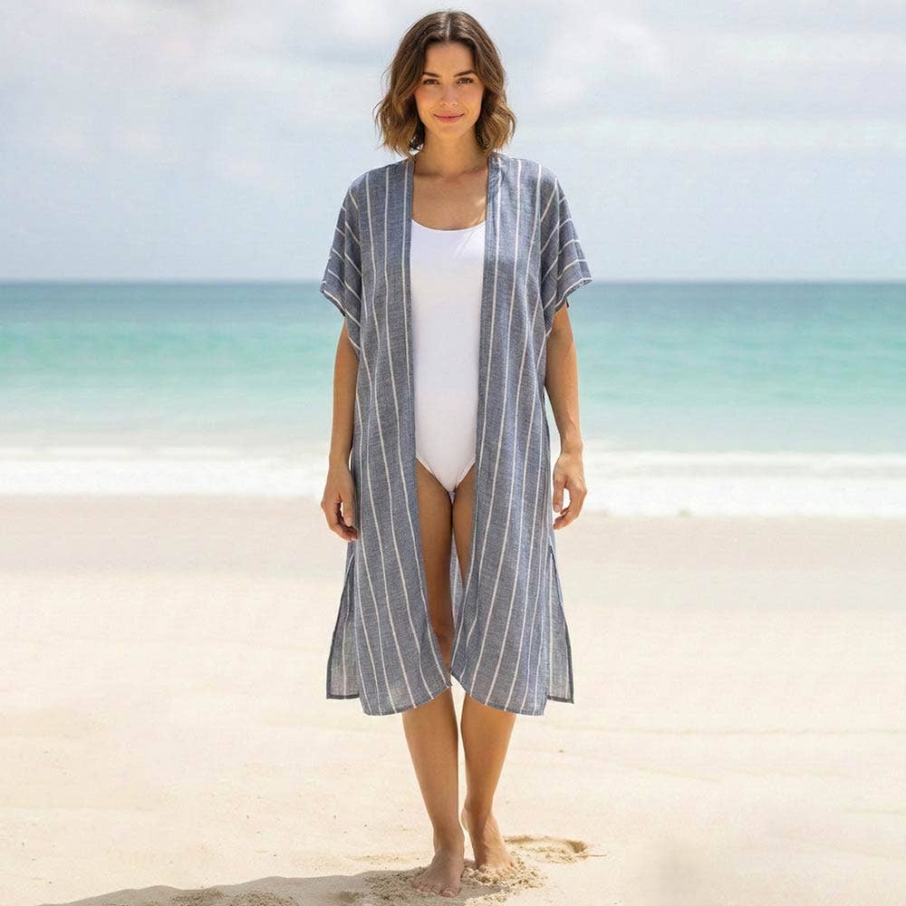 Lightweight Open Front Striped Loose Beach Cover Up Poncho