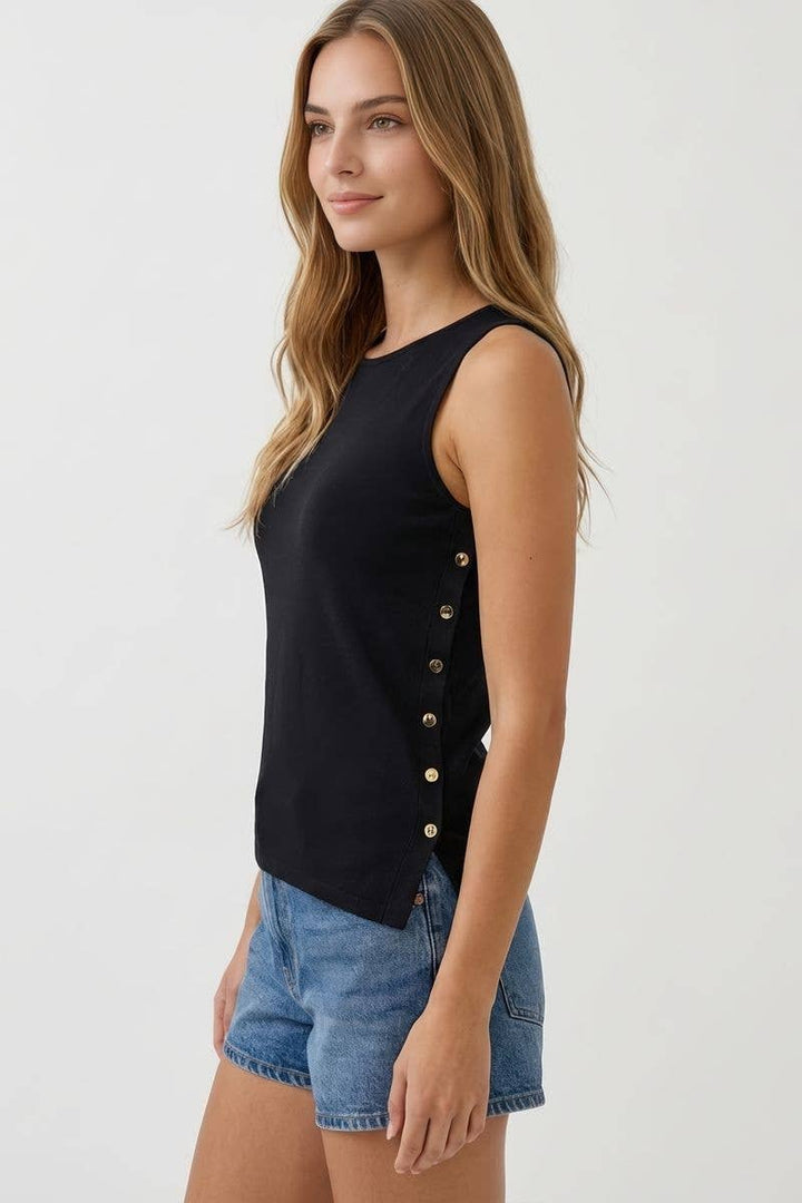 ASYMMETRICAL BUTTON DETAIL BOAT NECK TANK TOP - 45732T-1