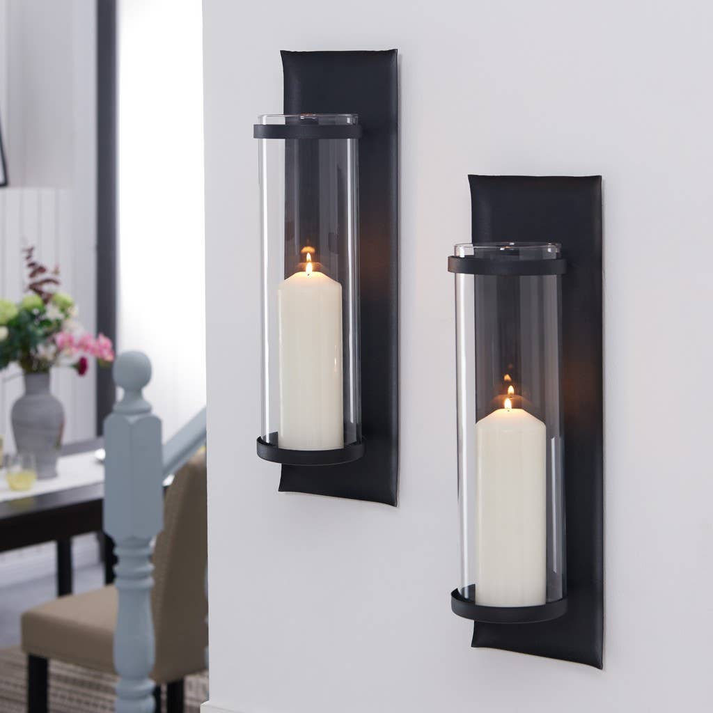 Metal Pillar Candle Sconces with Glass Inserts – Set of 2