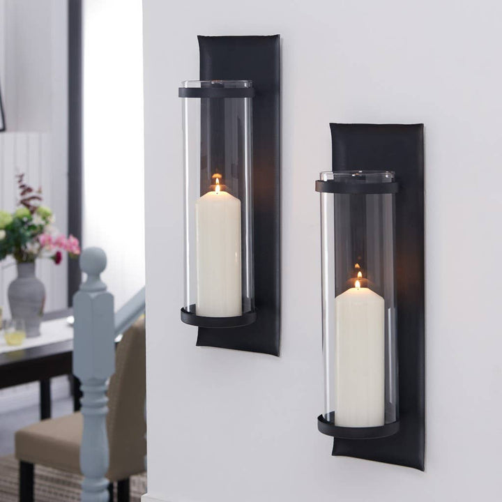 Metal Pillar Candle Sconces with Glass Inserts – Set of 2
