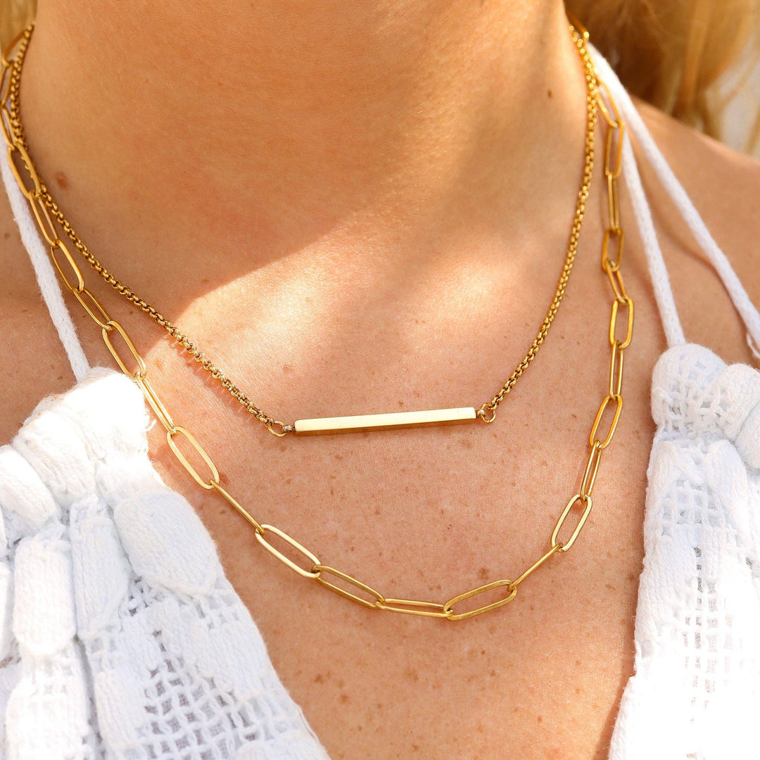 18K Gold PVD Stainless Steel Paperclip Layered Blank Bar Necklace