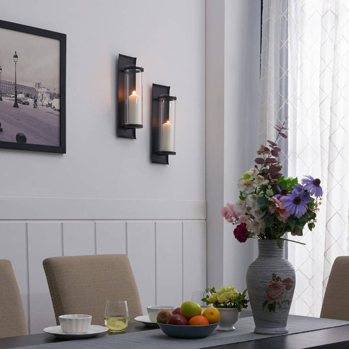 Metal Pillar Candle Sconces with Glass Inserts – Set of 2