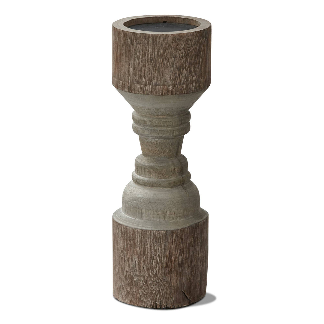 Rustic Turned Pillar Holder Short Antique Bronze Mango Wood