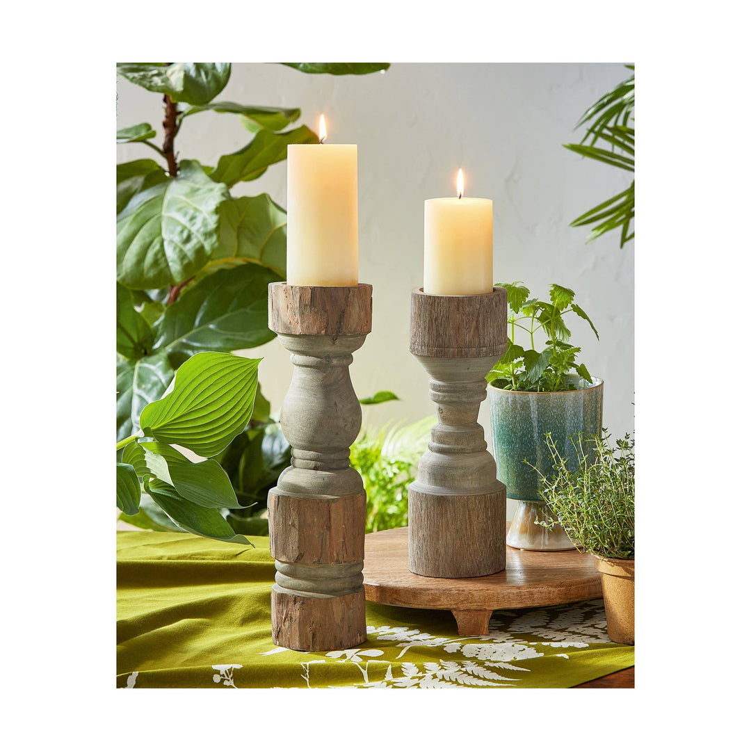 Rustic Turned Pillar Holder Short Antique Bronze Mango Wood