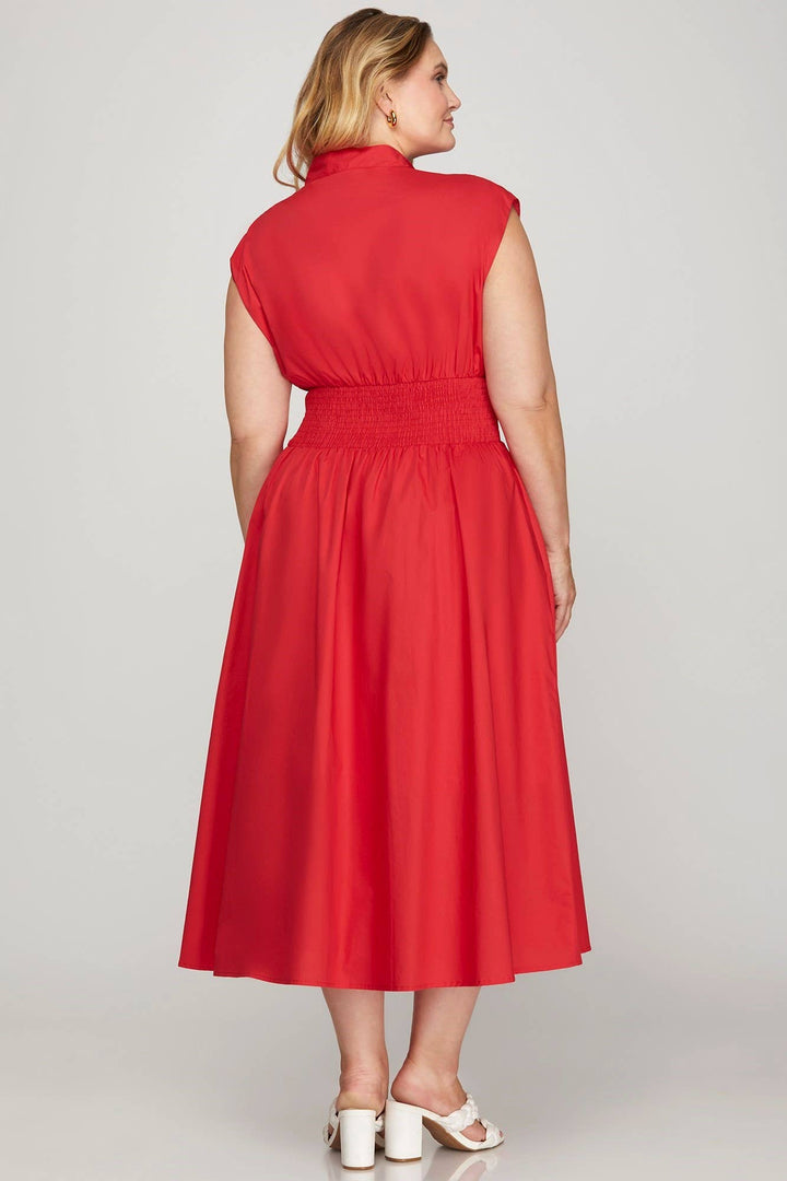 Plus Smocked Waist Front Zip Midi Dress