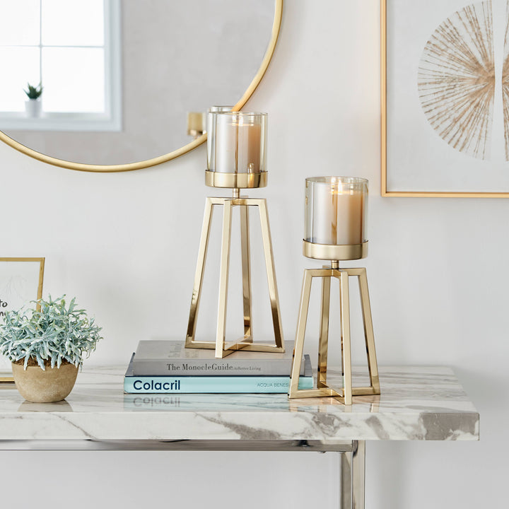 Maeve Gold Pedestal Hurricane Candle Holders - Set of 2