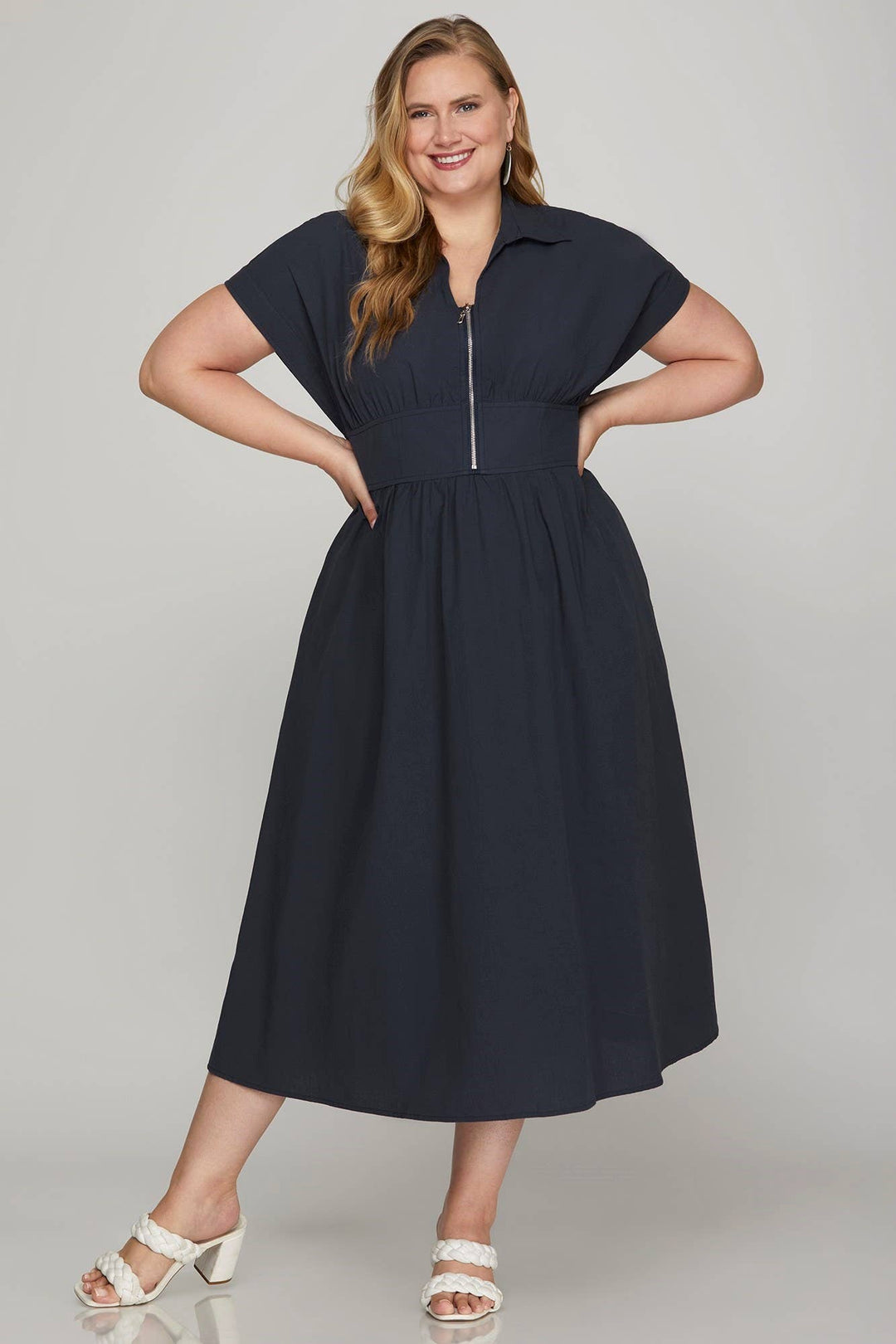 Plus Drop Sleeve Woven Zip up Dress