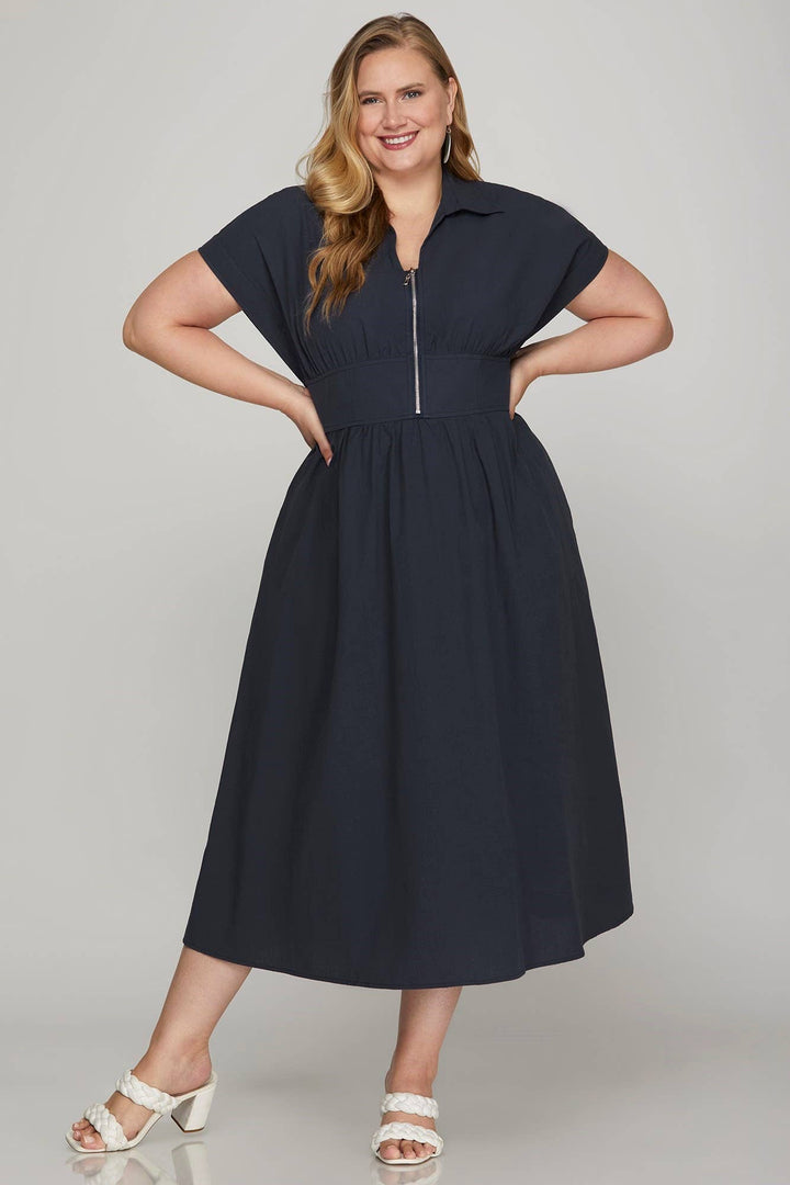 Plus Drop Sleeve Woven Zip up Dress