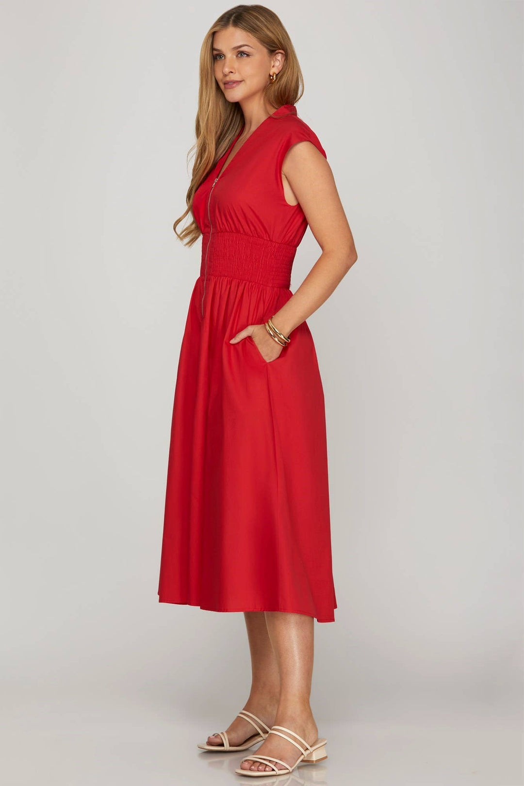Drop Shoulder Smocked Waist Midi Dress