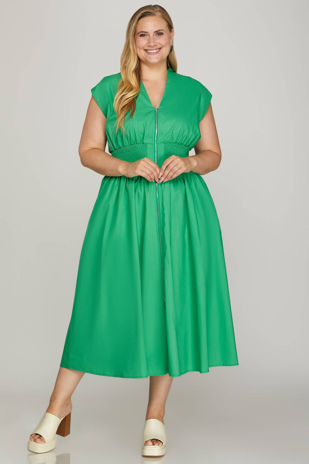 Plus Smocked Waist Front Zip Midi Dress
