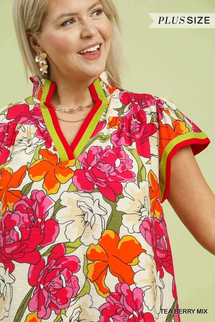 Plus Floral Print Blouse With Contrast Trim