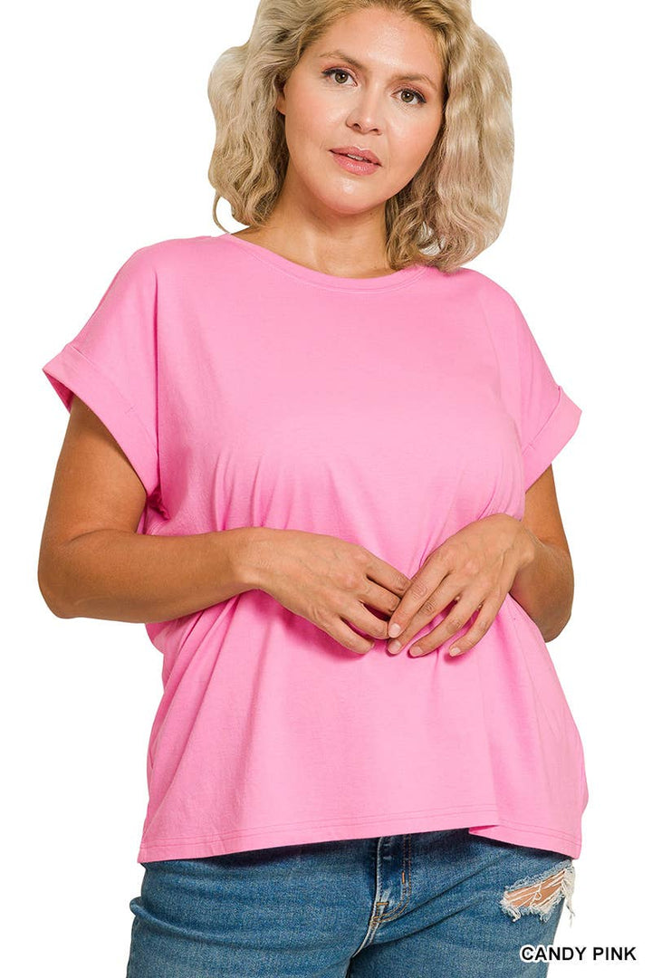 Plus Round Neck Folded Short Sleeve T-shirt