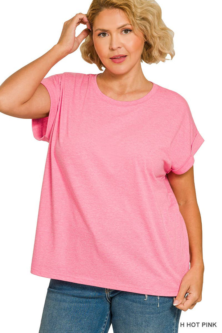 Plus Round Neck Folded Short Sleeve T-shirt