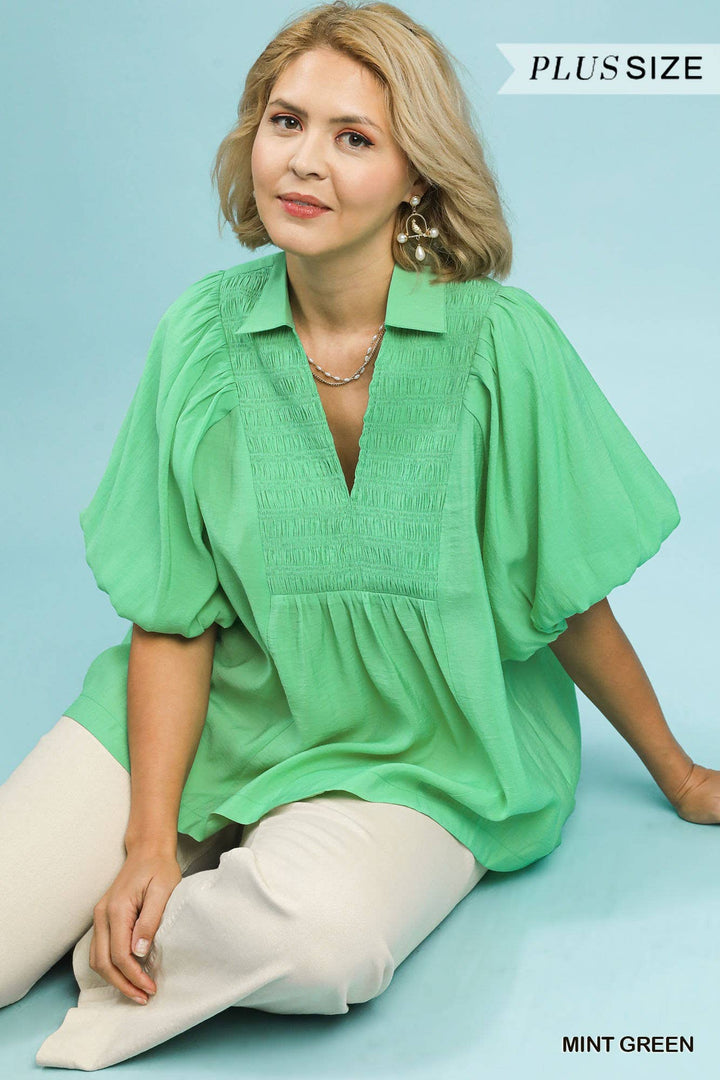 Plus Exaggerated Bubble Sleeve Top With Front Yoke