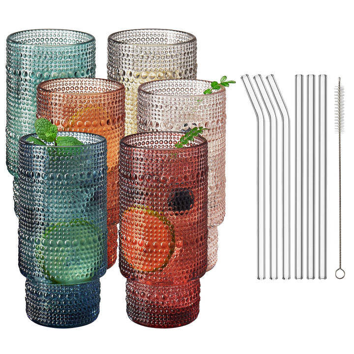 Hobnail Highball Glasses | Set of 6 | with Glass Straws