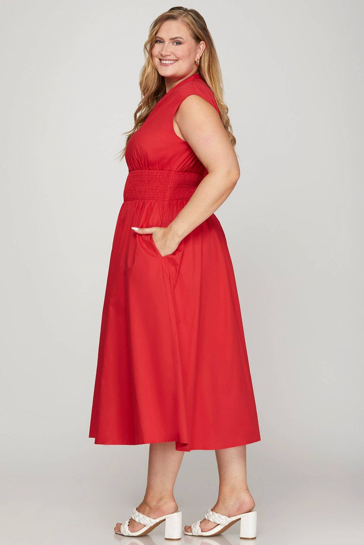 Plus Smocked Waist Front Zip Midi Dress