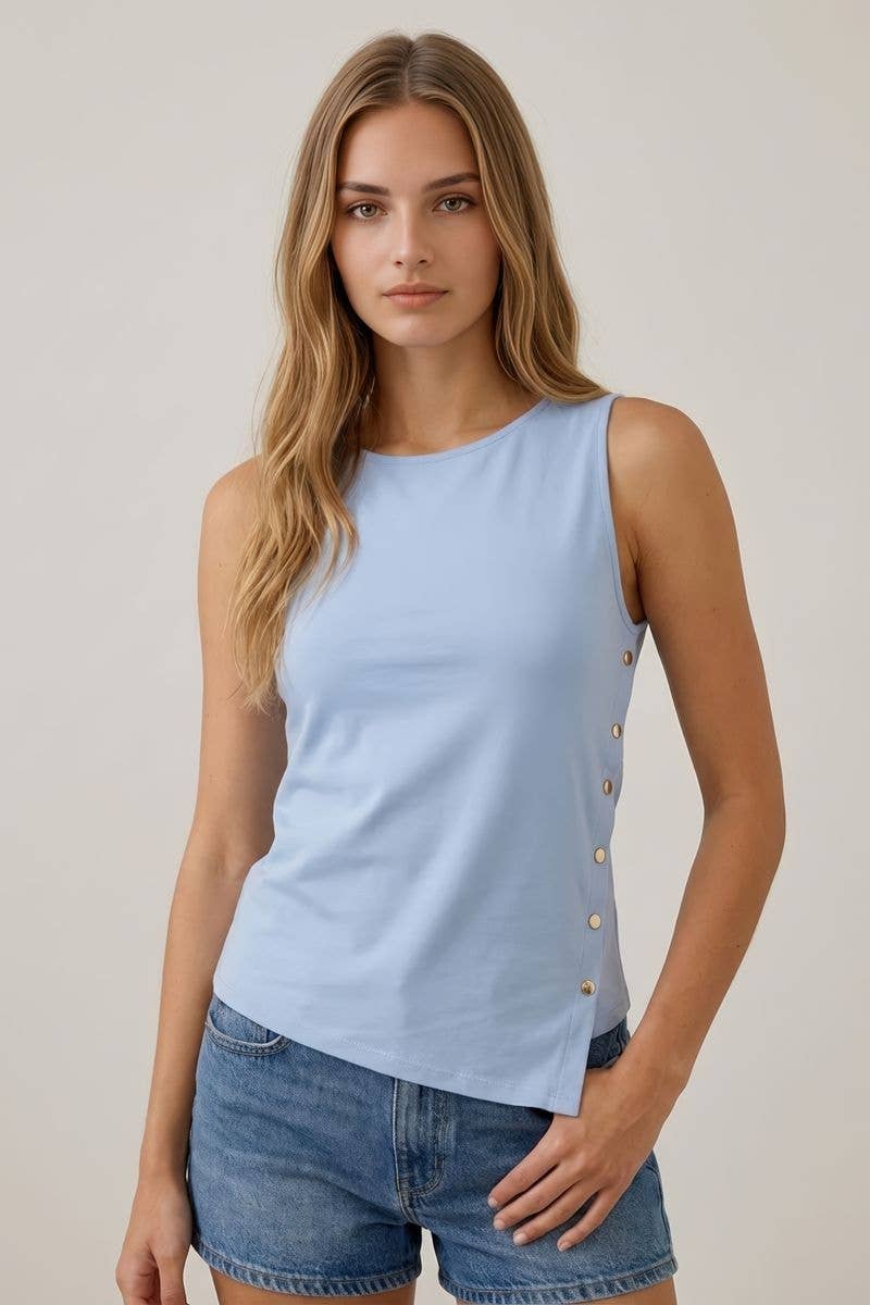 ASYMMETRICAL BUTTON DETAIL BOAT NECK TANK TOP - 45732T-1