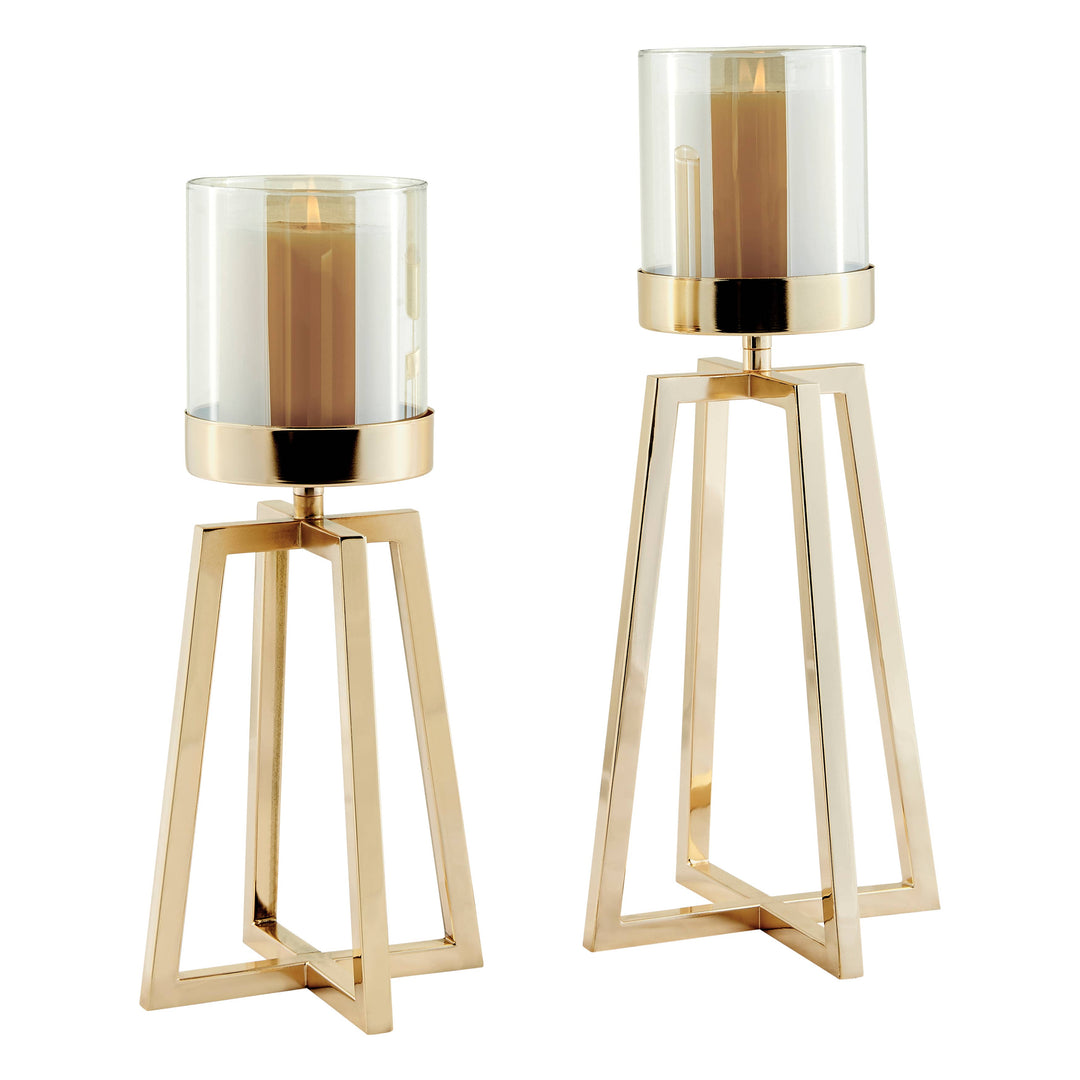 Maeve Gold Pedestal Hurricane Candle Holders - Set of 2